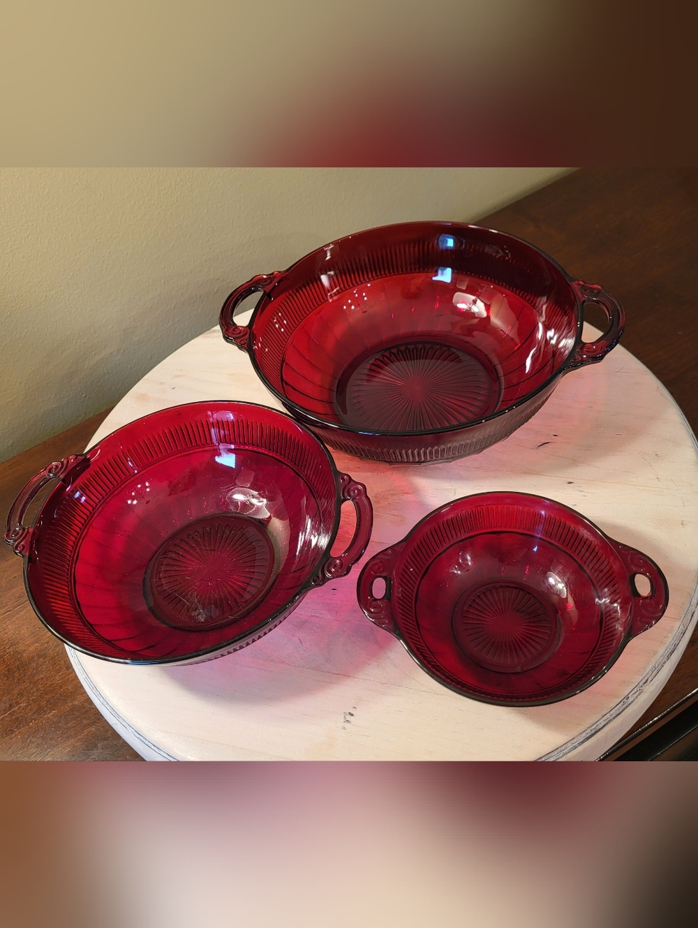 Set of 3 Vtg Anchor Hocking Coronation Royal Ruby Red Glass Serving Bowls Stack